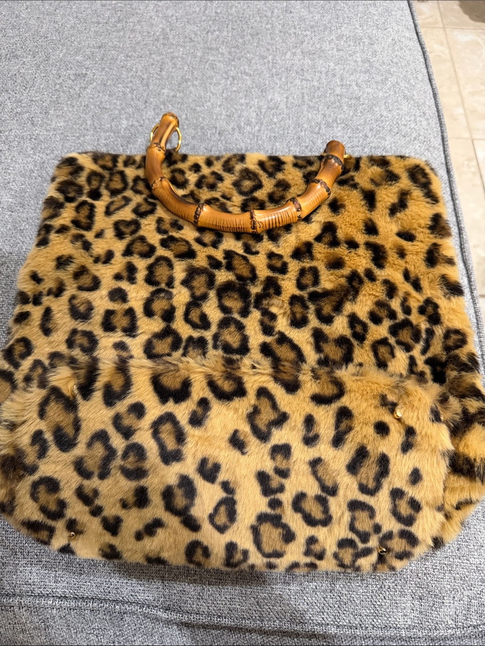 Leopard Print Faux Fur Tote with Bamboo Handle - Tan/Black
